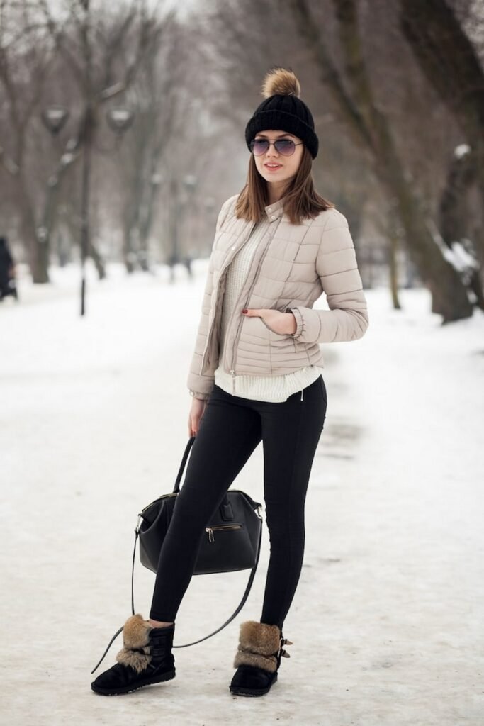 Black Beanie + Beige Puffer Jacket + Cream Sweater + Black Leggings + Black Fur-Trim Boots + Black Tote Bag