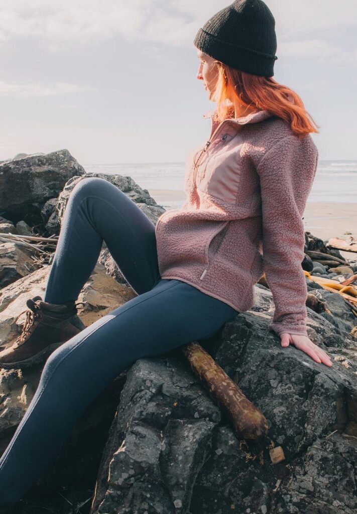 Black Beanie + Pink Fleece Pullover + Grey Leggings + Brown Hiking Boots