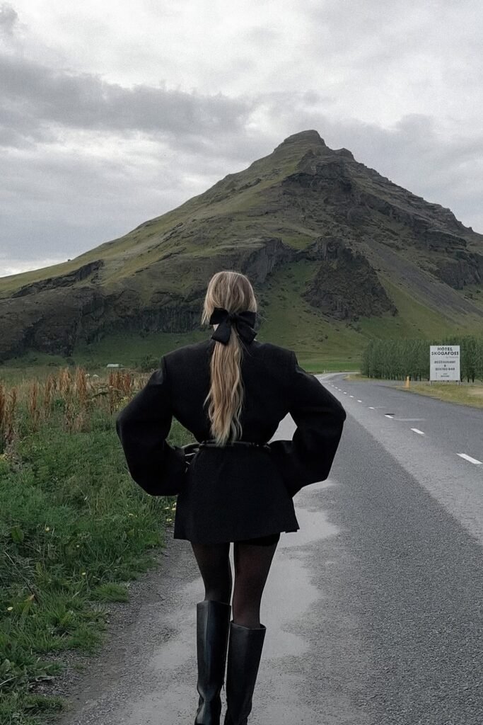 Black Belted Blazer Dress + Sheer Black Tights + Black Knee-High Boots + Black Hair Bow
