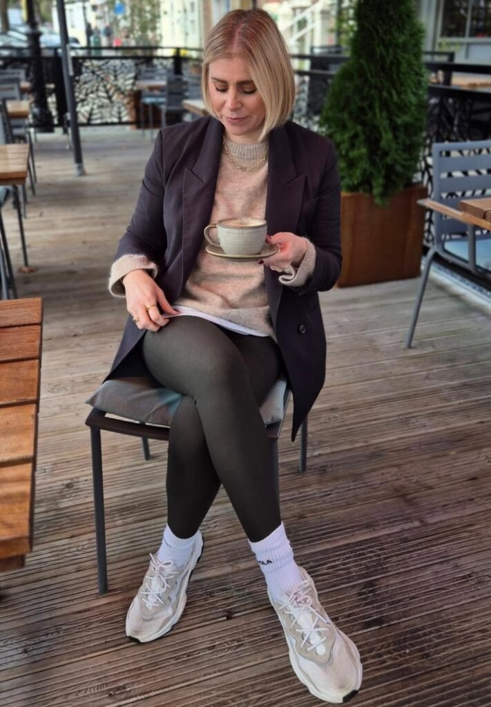 Black Blazer & Beige Knit + Black Opaque Leggings + White Dad Sneakers