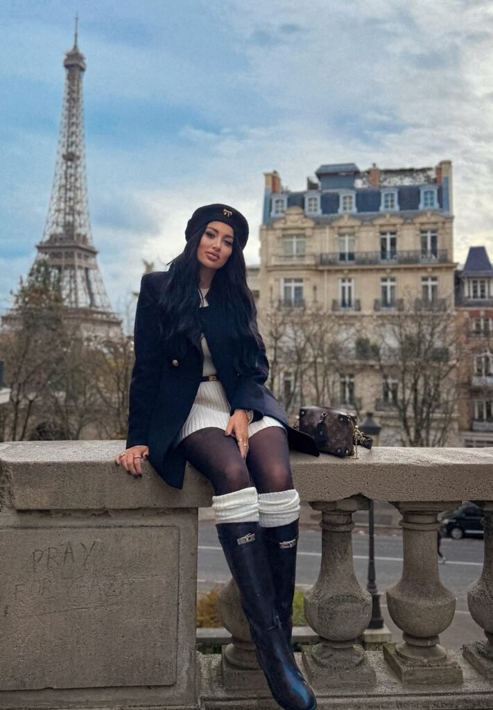 Black Blazer & Beret + White Sweater Mini Dress + Knee-High Boots
