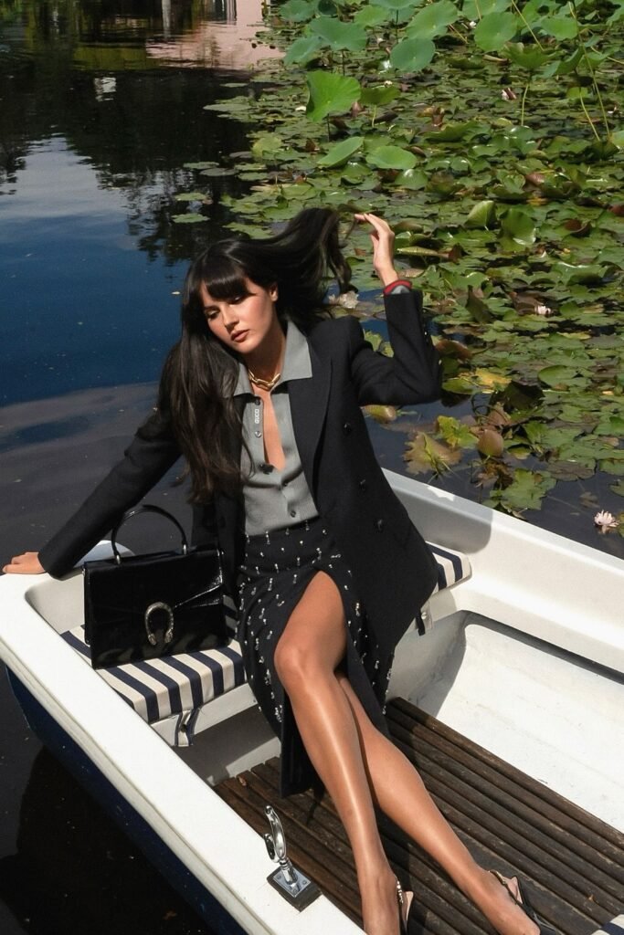Black Blazer + Black Satin Top + Black Shorts + Beige Tote