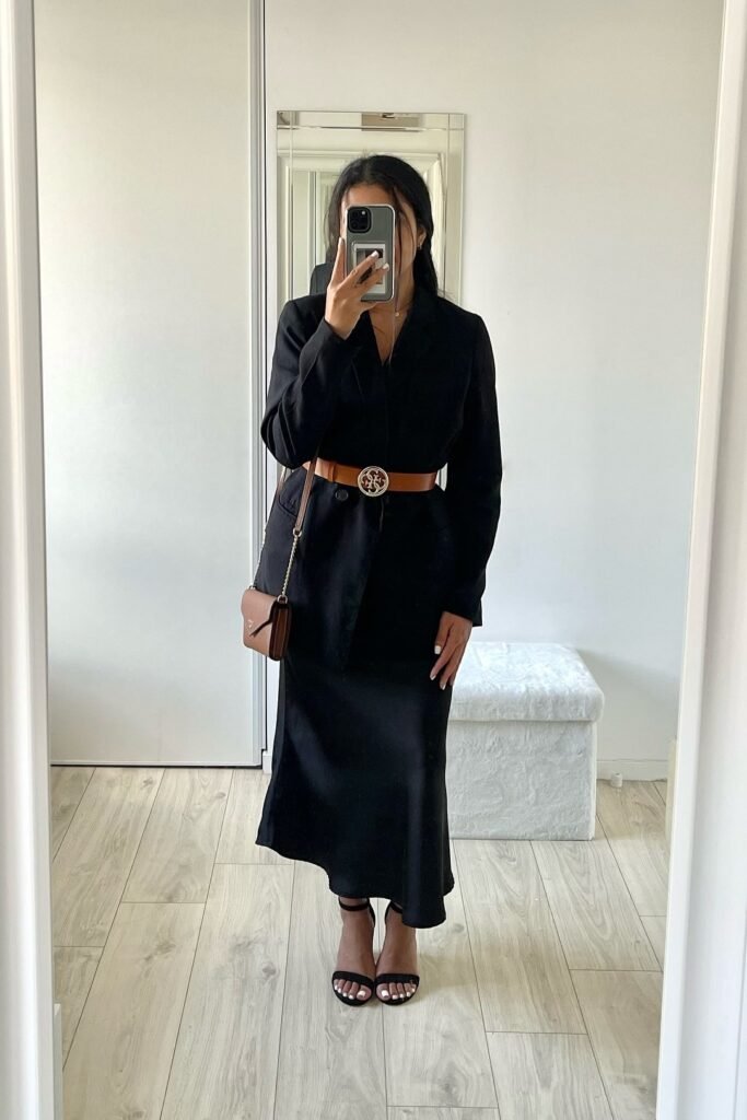 Black Blazer + Tan Leather Belt + Black Satin Maxi Skirt + Black Strappy Heels