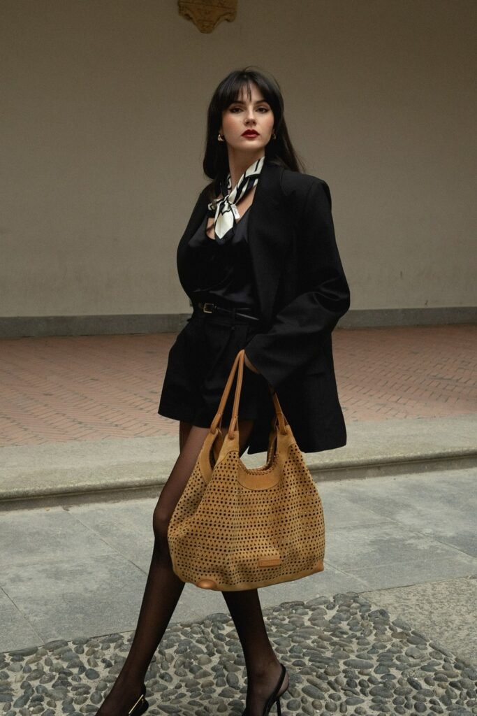 Black Blazer + White Button-down + Black Skirt + Black Heels