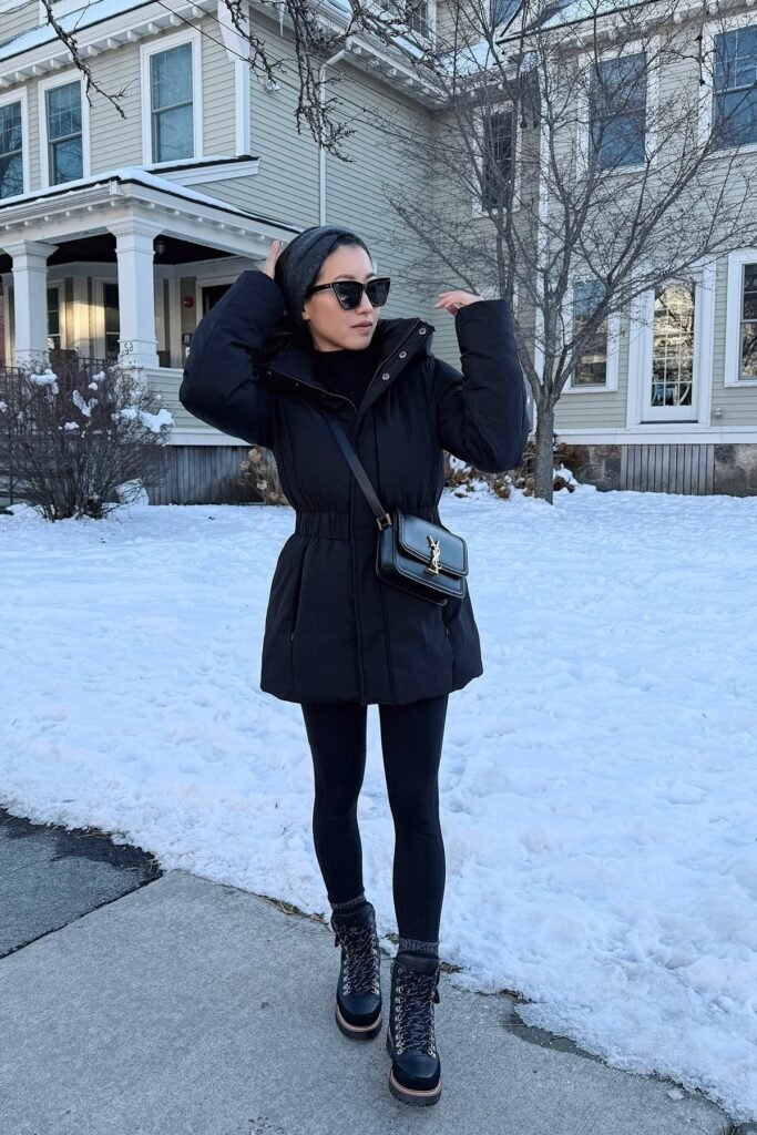 Black Cinched Puffer Parka + Black Leggings + Black Lace Up Winter Boots + Grey Headband