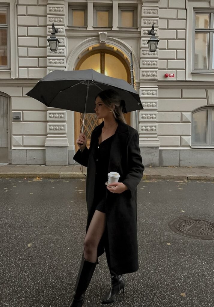 Black Coat + Black Mini Dress + Black Knee-High Boots + Umbrella Accessory