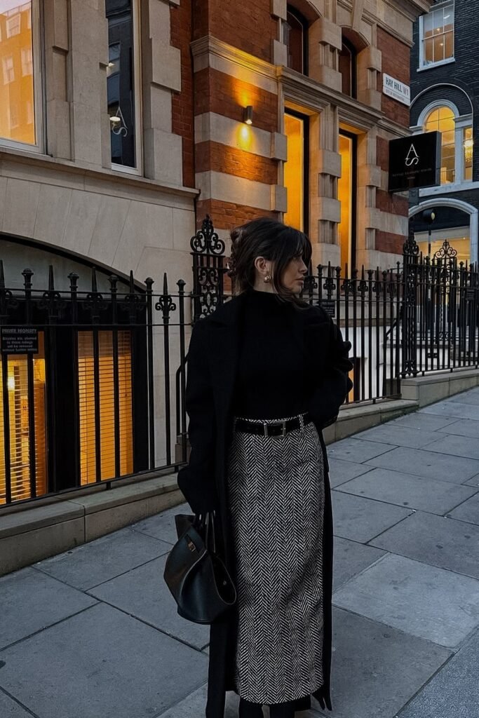 Black Coat + Houndstooth Midi Skirt + Black Top + Black Bag