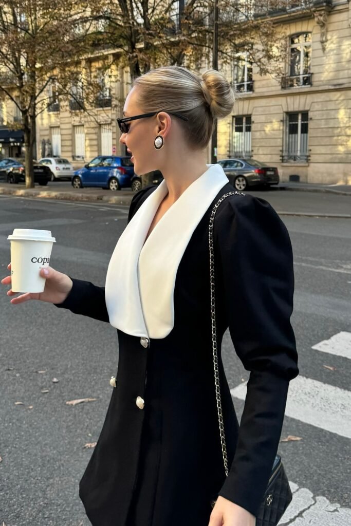 Black Dress with White Lapel Collar + Statement Buttons + Black Shoulder Bag + Sunglasses + Round Earrings
