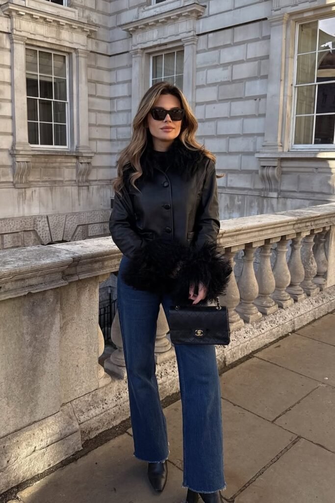 Black Fur-Trimmed Leather Jacket + Blue Straight Jeans + Black Boots + Black Quilted Chanel Bag