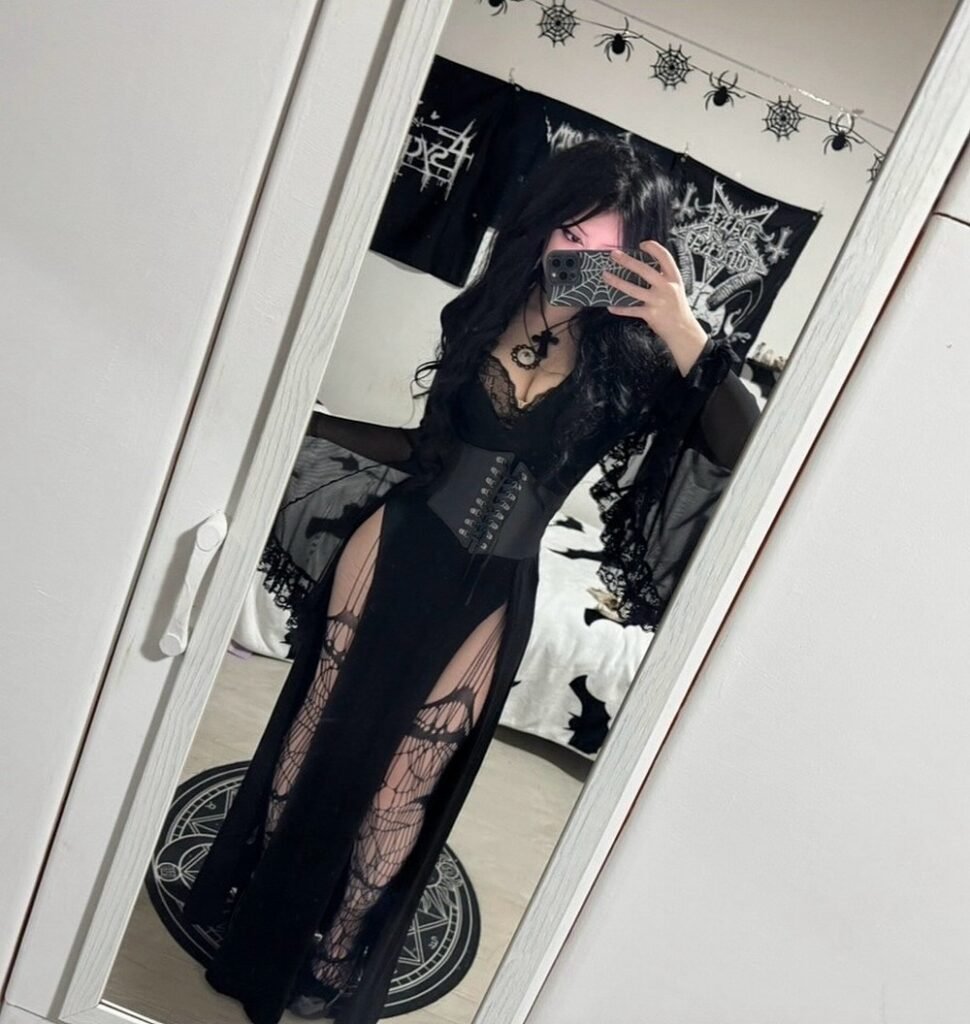 Black Gothic Lace Maxi Dress with Sheer Panels + Corset Waist Belt + Black Cross Necklace