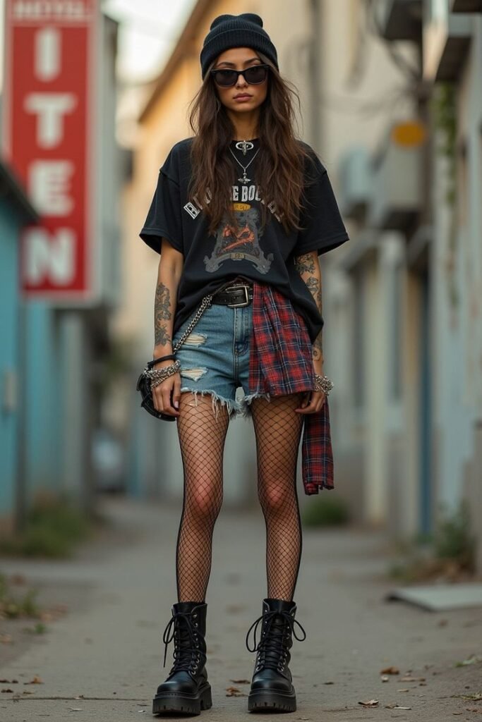 Black Graphic Oversized T-shirt + Ripped Denim Shorts + Fishnet Tights + Combat Boots + Plaid Shirt Waist Tie