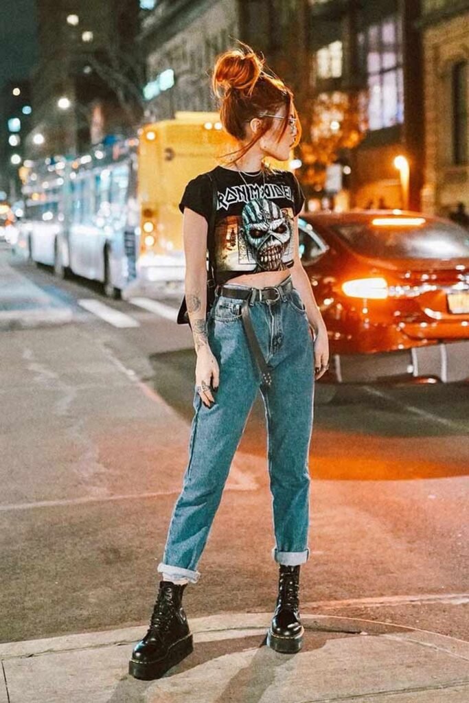 Black Iron Maiden Crop Top + High-Waisted Rolled Jeans + Combat Boots