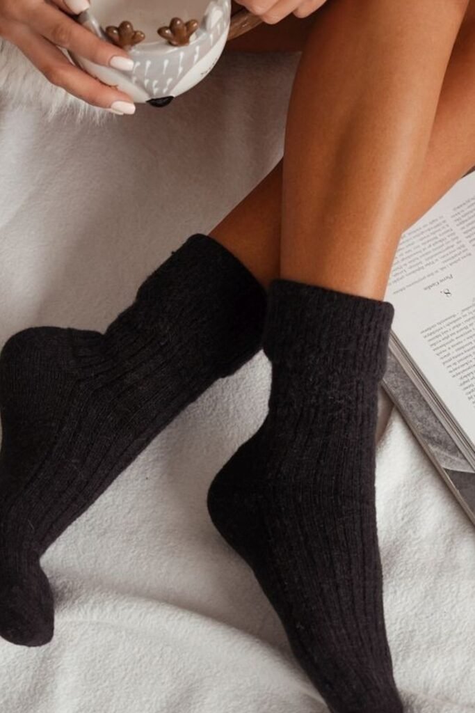 Black Knit Socks + White Blanket + Coffee Mug with Reindeer Handle