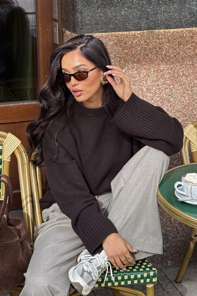 Black Knit Sweater + Light Grey Wide Pants + White Sneakers + Brown Suede Tote Bag