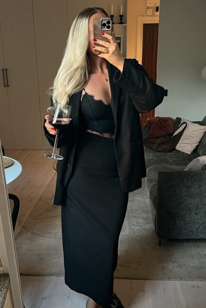 Black Lace Bralette + Black Blazer + Black High-Waist Skirt + Black Heels