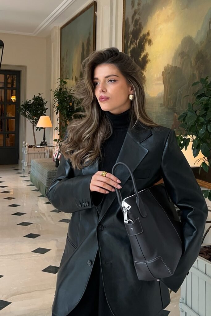 Black Leather Blazer + Black Turtleneck + Black Skirt + Black Boots