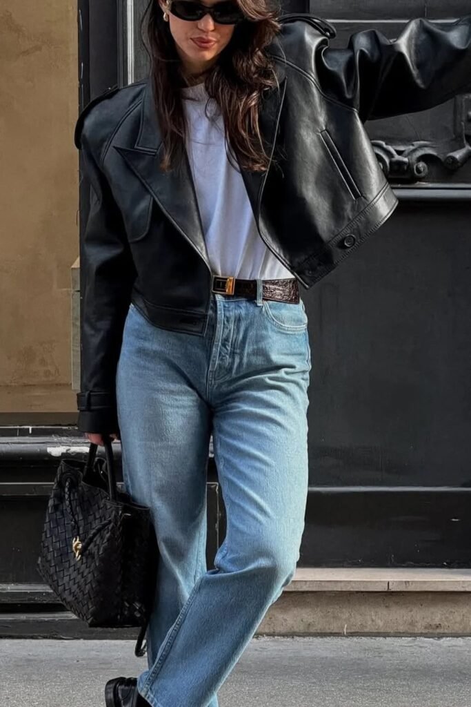 Black Leather Jacket + White Shirt + Blue Jeans + Black Boots