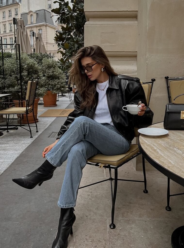 Black Leather Jacket + White Tee + Blue Jeans + Black Boots