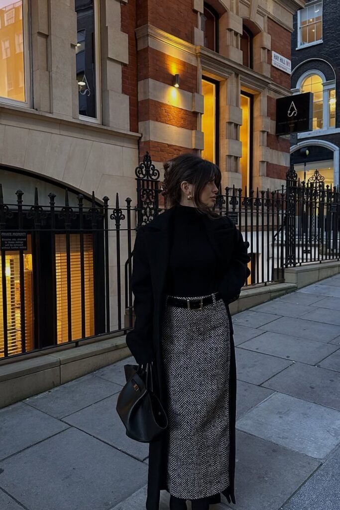 Black Long Coat + Black Turtleneck + Herringbone Midi Skirt + Black Belt + Black Structured Bag