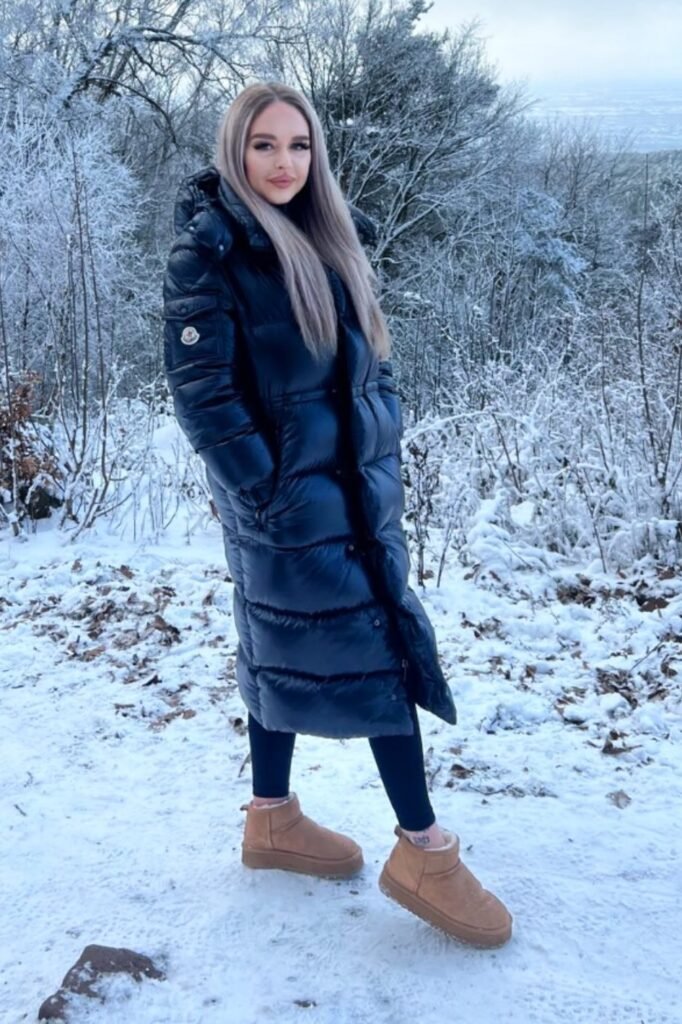 Black Long Puffer Coat + Black Leggings + Tan Platform Mini Boots