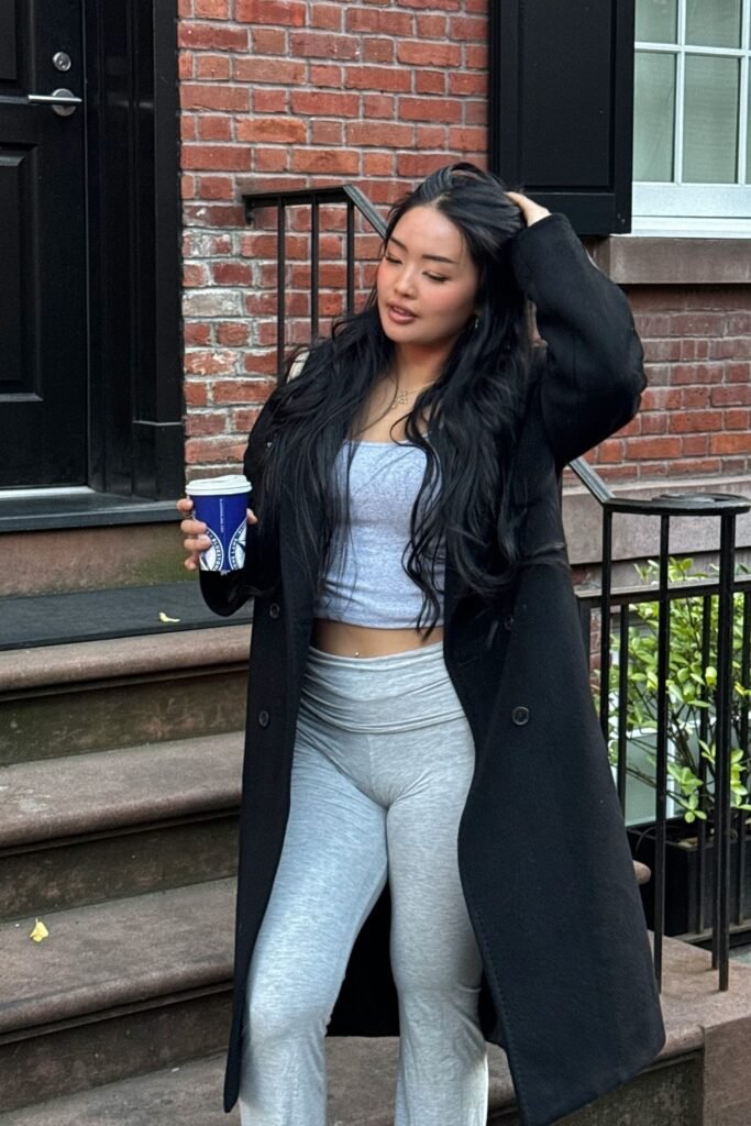 Black Long Wool Coat + Grey Cropped Tank + Grey Flared Lounge Pants