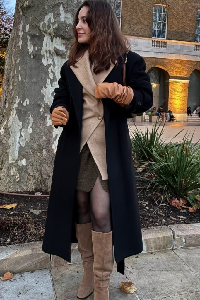Black Maxi Coat + Camel Blazer + Mini Skirt + Sheer Tights + Tan Knee-High Suede Boots + Leather Gloves
