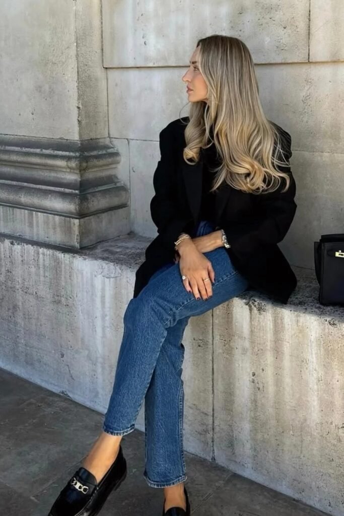 Black Oversized Blazer + Black Top + Blue Jeans + Black Loafers + Black Bag