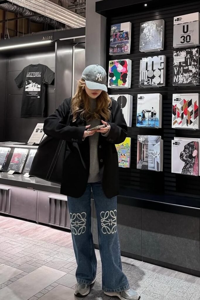 Black Oversized Blazer + Grey Sweater + Blue Wide-Leg Jeans with White Embroidery + Grey Cap + Black Tote Bag + Sneakers