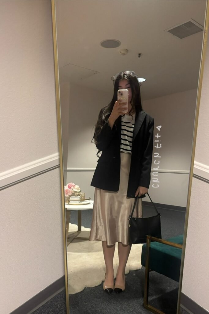 Black Oversized Blazer + Striped T-Shirt + Champagne Satin Midi Skirt + Beige Cap-Toe Pumps