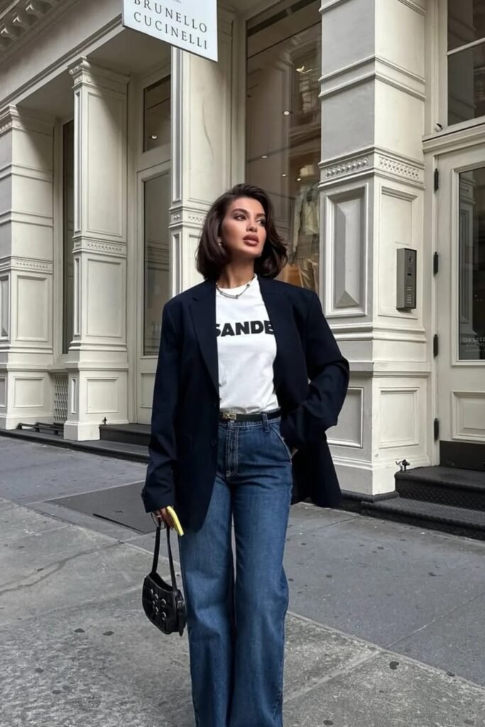 Black Oversized Blazer + White Graphic T-Shirt + Medium-Wash Wide-Leg Jeans + Black Mini Handbag