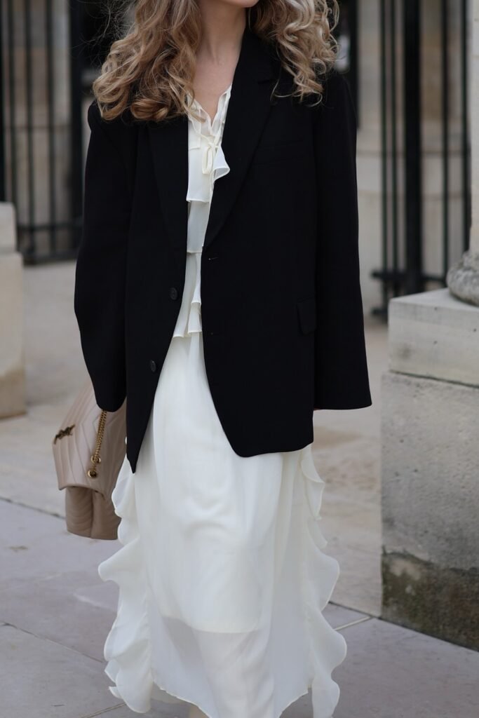 Black Oversized Blazer + White Ruffle Maxi Dress + Beige Quilted Bag