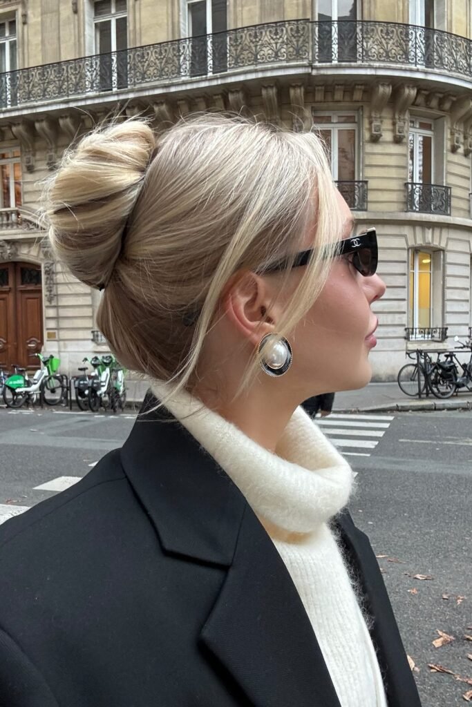 Black Oversized Blazer + White Turtleneck Sweater + Black Chanel Sunglasses + Silver Earrings