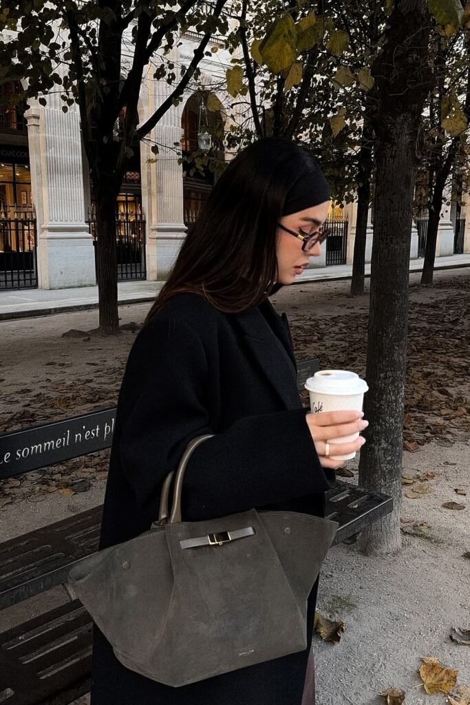 Black Oversized Coat + Brown Wide Pants + Grey Tote Bag + Glasses