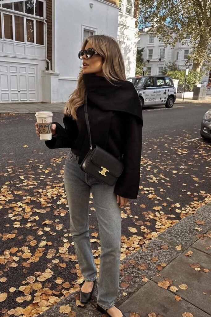 Black Oversized Coat + Grey Straight Jeans + Black Flats + Black Celine Crossbody Bag