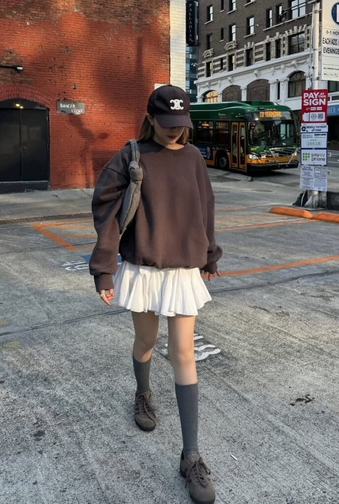 Black Oversized Sweatshirt + White Pleated Mini Skirt + Grey Knee-High Socks + Brown Sneakers + Black Cap + Grey Shoulder Bag