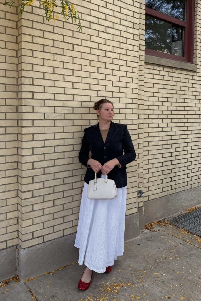 Black Pinstripe Blazer + Tan T-shirt + White Textured Maxi Skirt + Red Patent Flats