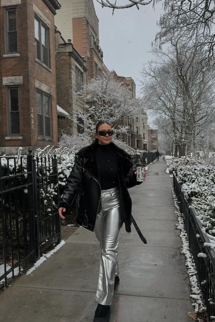 Black Shearling Jacket + Black Turtleneck + Silver Metallic Pants + Black Platform Boots