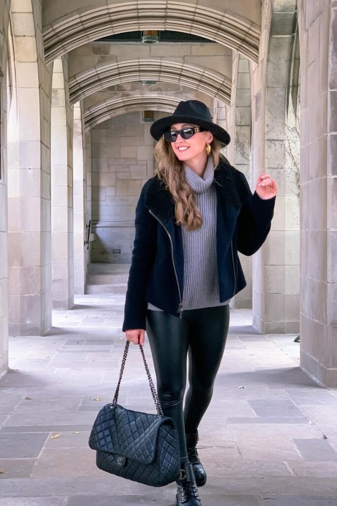 Black Shearling Jacket + Grey Turtleneck Sweater + Black Leather Leggings + Chanel Quilted Bag + Black Hat