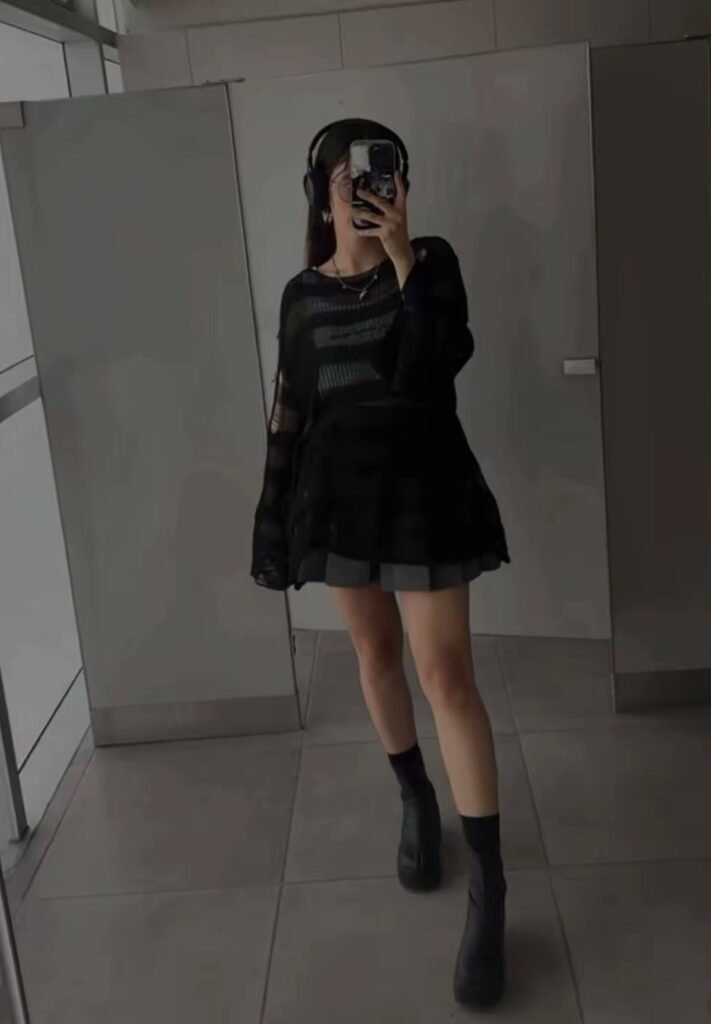 Black Sheer Oversized Top + Black Bralette + Plaid Mini Skirt + Black Platform Ankle Boots