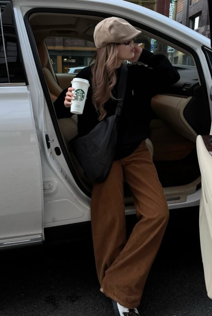 Black Sweater + Brown Corduroy Wide-Leg Pants + Beige Newsboy Cap + Black Crossbody Bag + White Sneakers