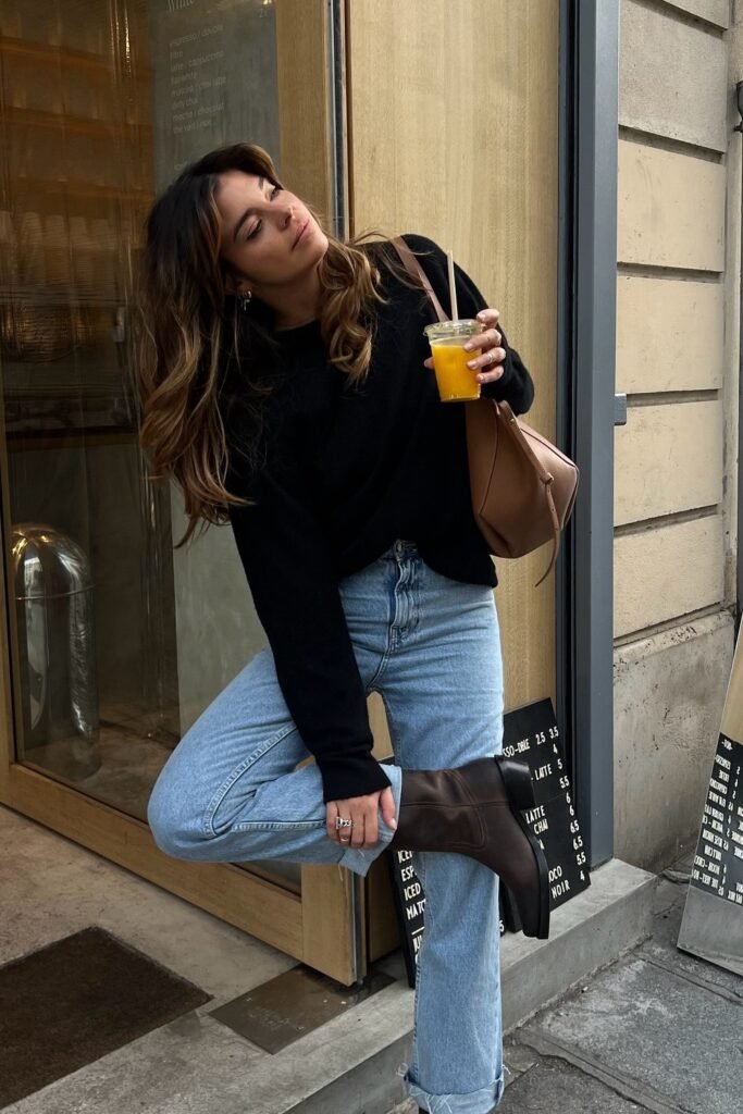 Black Sweater + Light Blue Straight Jeans + Brown Leather Chelsea Boots + Brown Leather Shoulder Bag