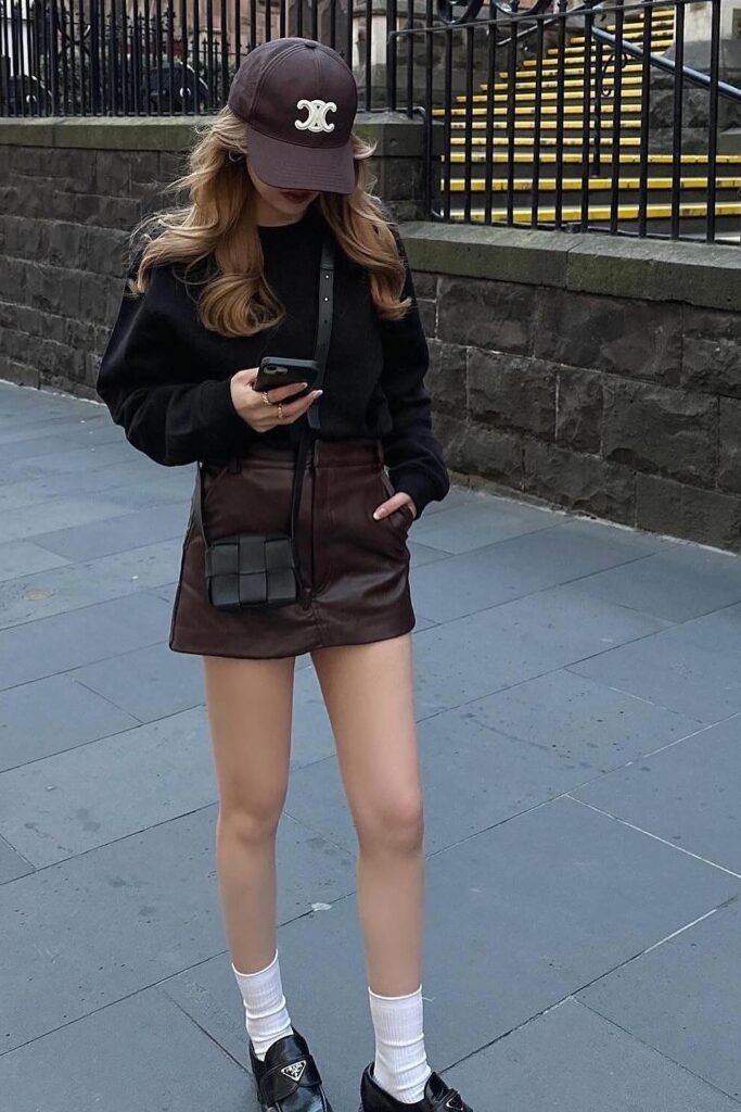 Black Sweatshirt + Brown Leather Mini Skirt + White Socks + Black Loafers + Black Cap + Black Crossbody Bag