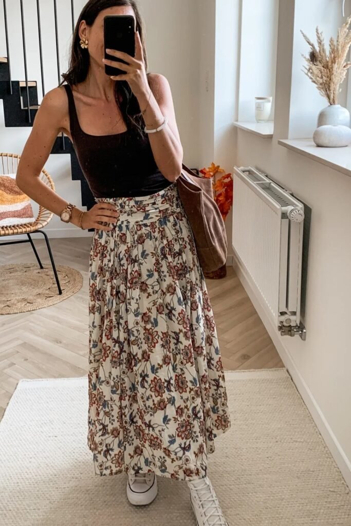 Black Tank Top + Floral Maxi Skirt + White Sneakers + Brown Tote
