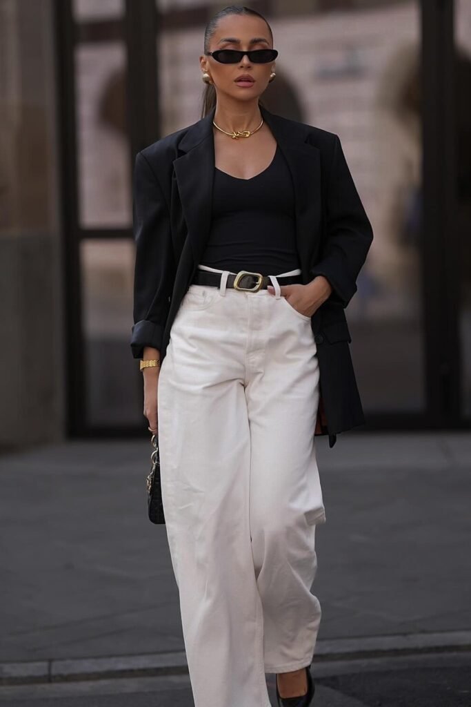 Black Tank Top + Oversized Black Blazer + White Wide-Leg Pants + Black Belt + Black Heels