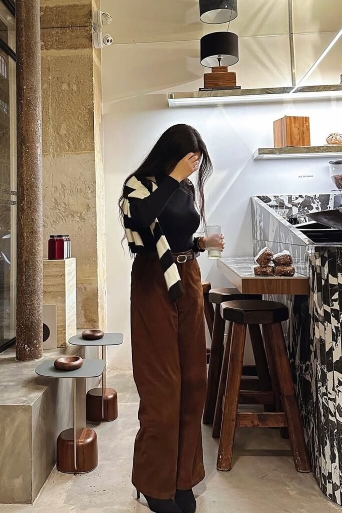 Black Top + Black and White Checkered Cardigan + Brown Wide-Leg Pants + Black Heeled Boots