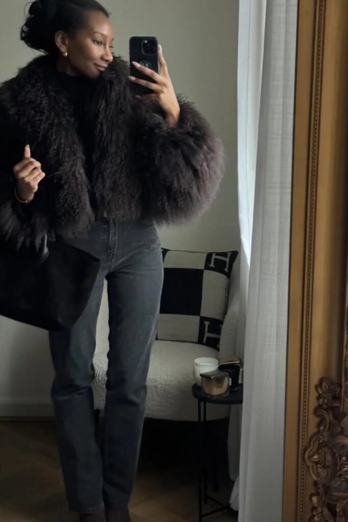 Black Top + Cropped Black Fluffy Fur Jacket + Grey Straight-Leg Jeans + Black Tote Bag