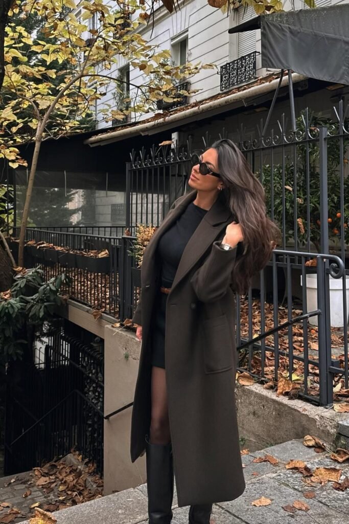 Black Top + Long Dark Brown Coat + Black Mini Skirt + Black Knee-High Boots
