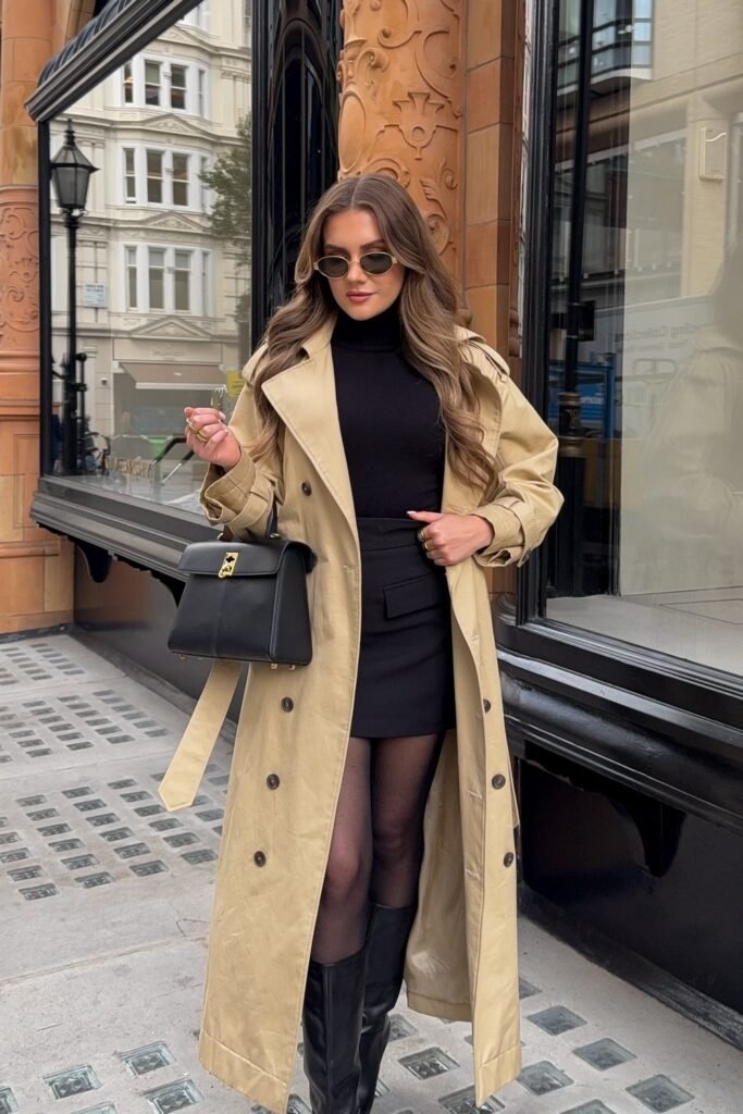 Black Turtleneck Dress + Beige Trench Coat + Black Knee-High Boots + Black Structured Bag