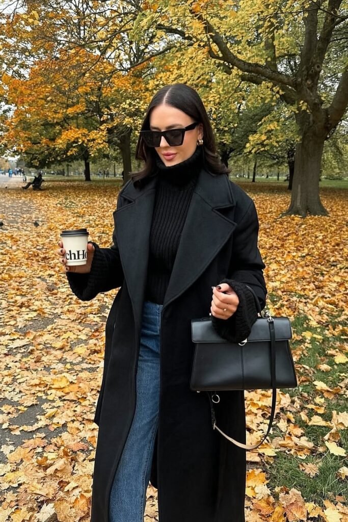 Black Turtleneck Sweater + Black Oversized Coat + Straight-Leg Blue Jeans + White Sneakers + Black Structured Bag + Sunglasses