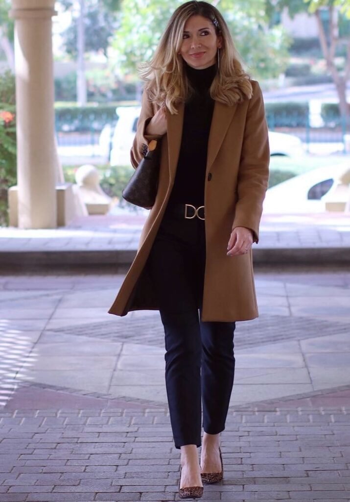 Black Turtleneck Top + Camel Long Coat + Black Slim Pants + Leopard Print Heels + Black Structured Bag